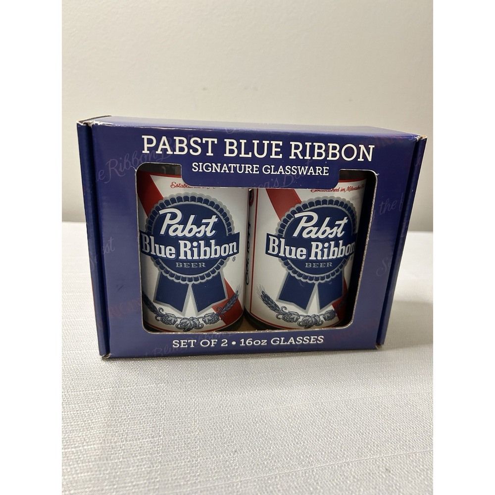 NIB Set of 2 Pabst Blue Ribbon 16oz Signature Glassware Barware Beer‎ Can Shaped
